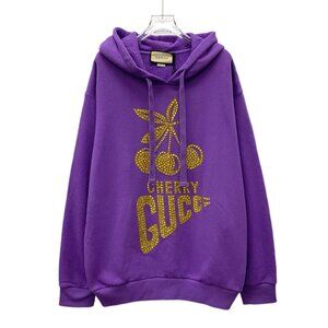 GUCCI Purple Cotton Hoodie With Gold Crystal Cherry Design Size M Made In Italy